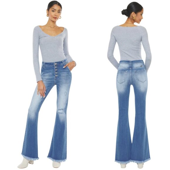 NWOT Kancan Sian High Rise Flare Denim Jeans Women's 29 Blue Medium Wash Stretch - Picture 1 of 15